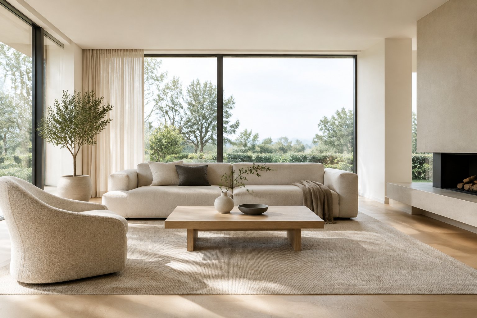 A bright living room with a sofa, coffee table, chair, and leafy plant.