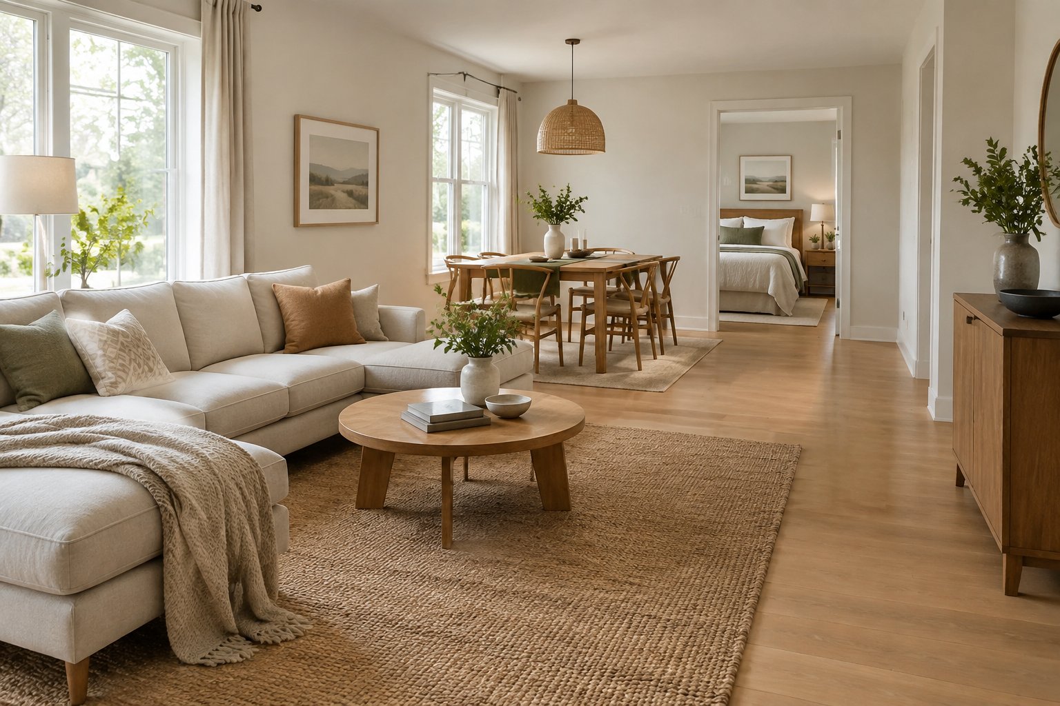 A bright home with a living area, dining nook, and bedroom.