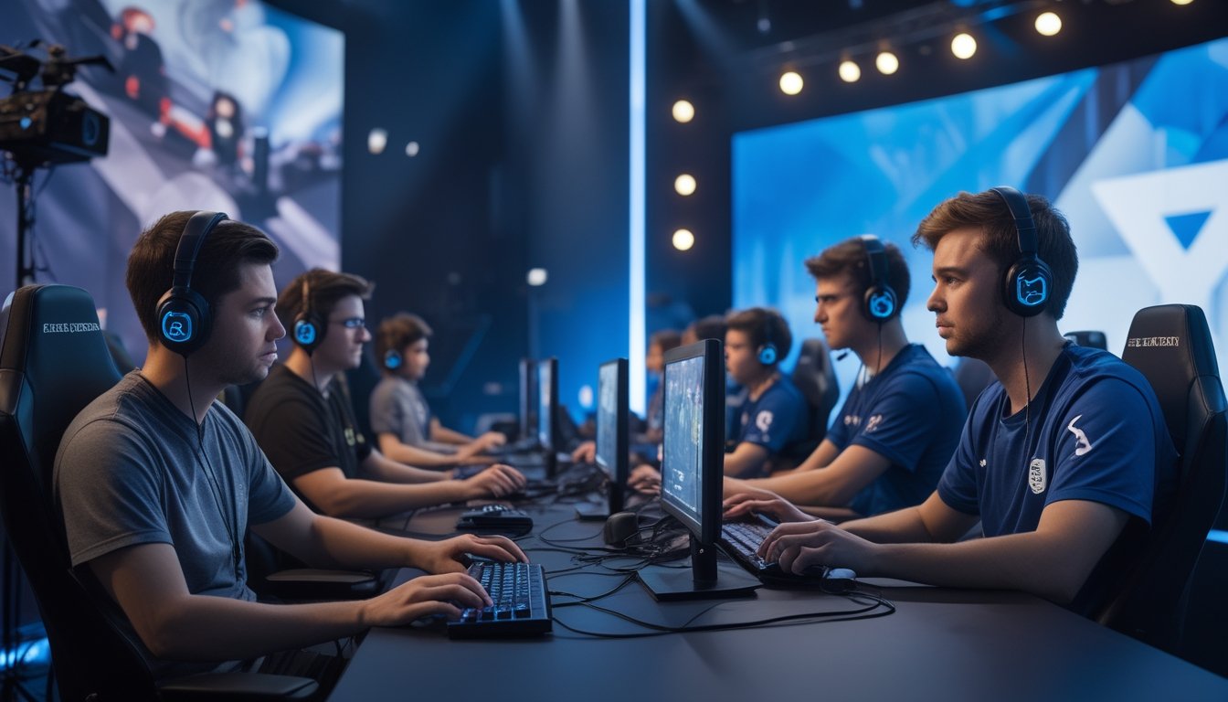 Tim pemain esports bertanding di depan komputer dalam sebuah acara yang disiarkan langsung.