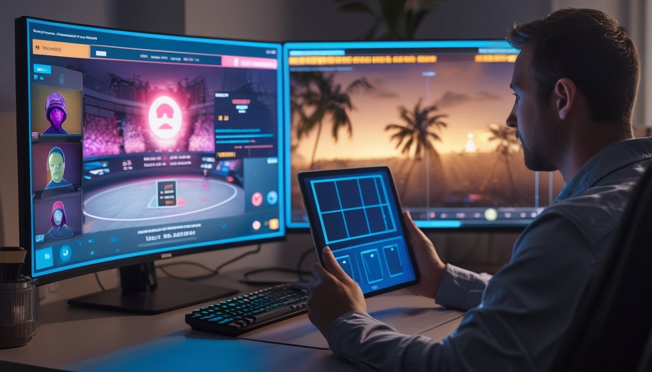 Seorang penonton esports membandingkan siaran pertandingan di monitor sambil memeriksa tablet.