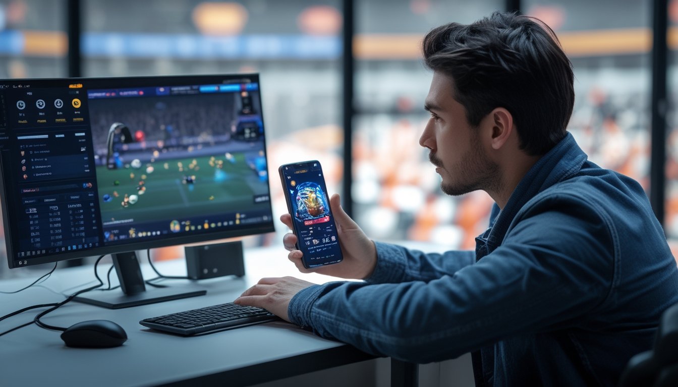 Seorang penggemar esports menyaksikan pertandingan Mobile Legends di ponsel sambil melihat statistik di laptop.