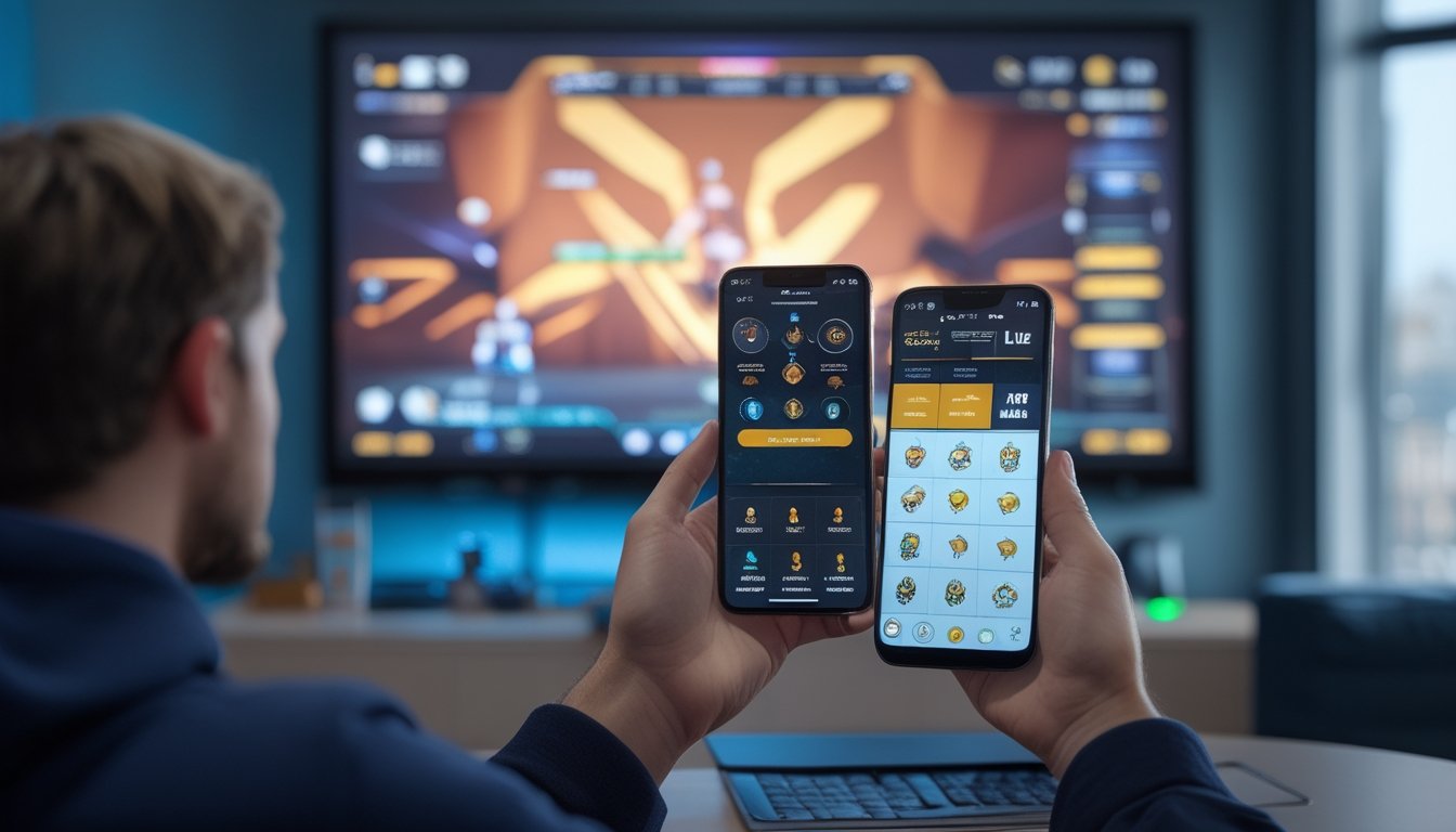 Seorang penggemar esports melihat pertandingan Mobile Legends sambil membandingkan pilihan tim di ponsel.