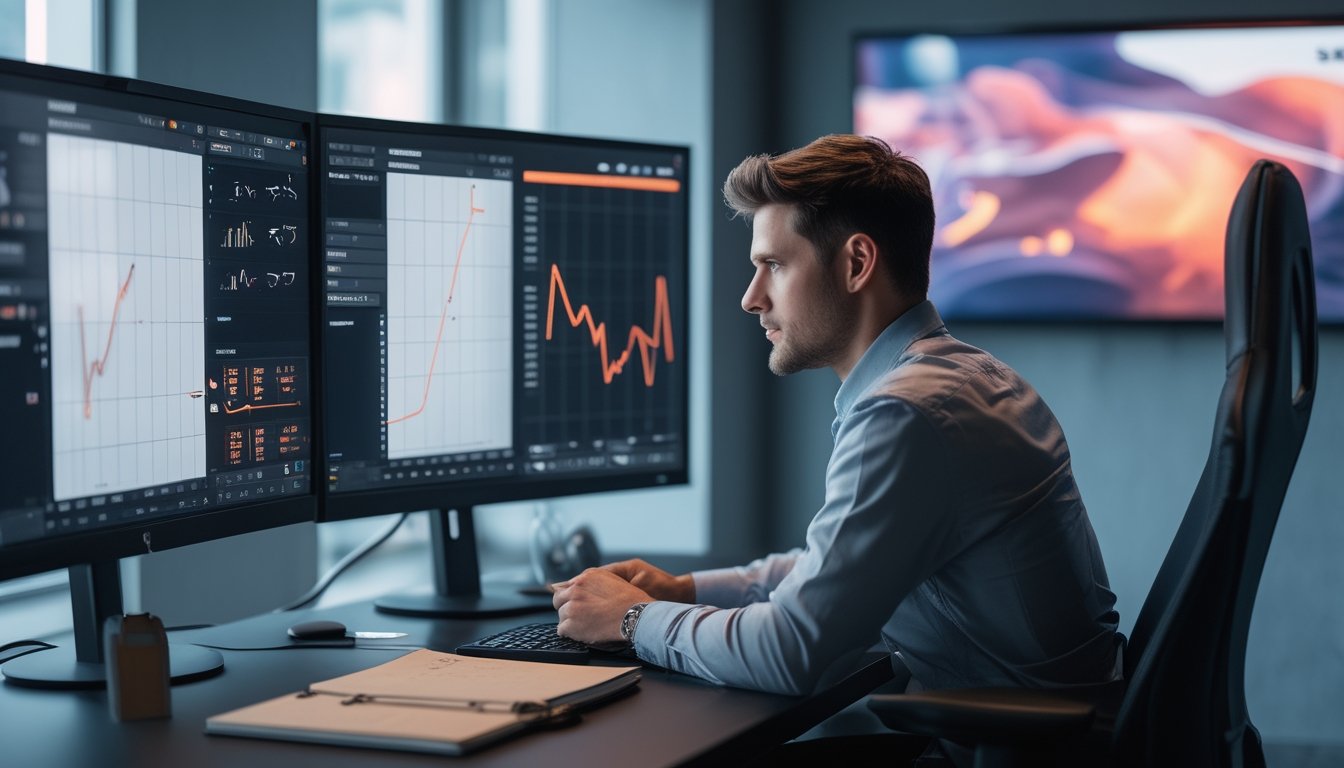 Seorang analis esports mempelajari grafik pertandingan di depan dua monitor.