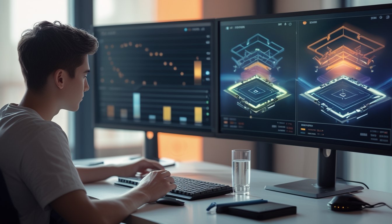 Seorang analis esports membandingkan data pertandingan di depan beberapa monitor.
