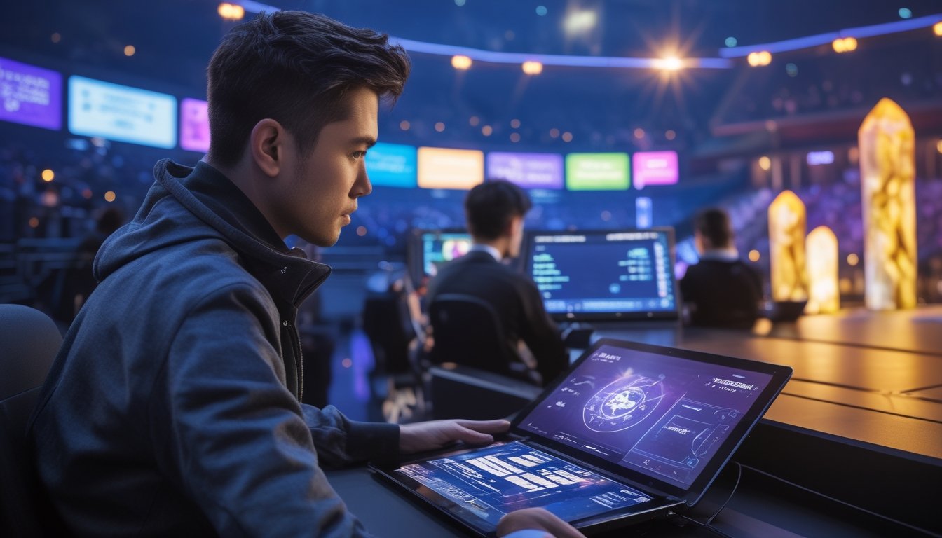 Seorang analis esports mengamati grafik pertandingan saat dua tim bertanding di arena.