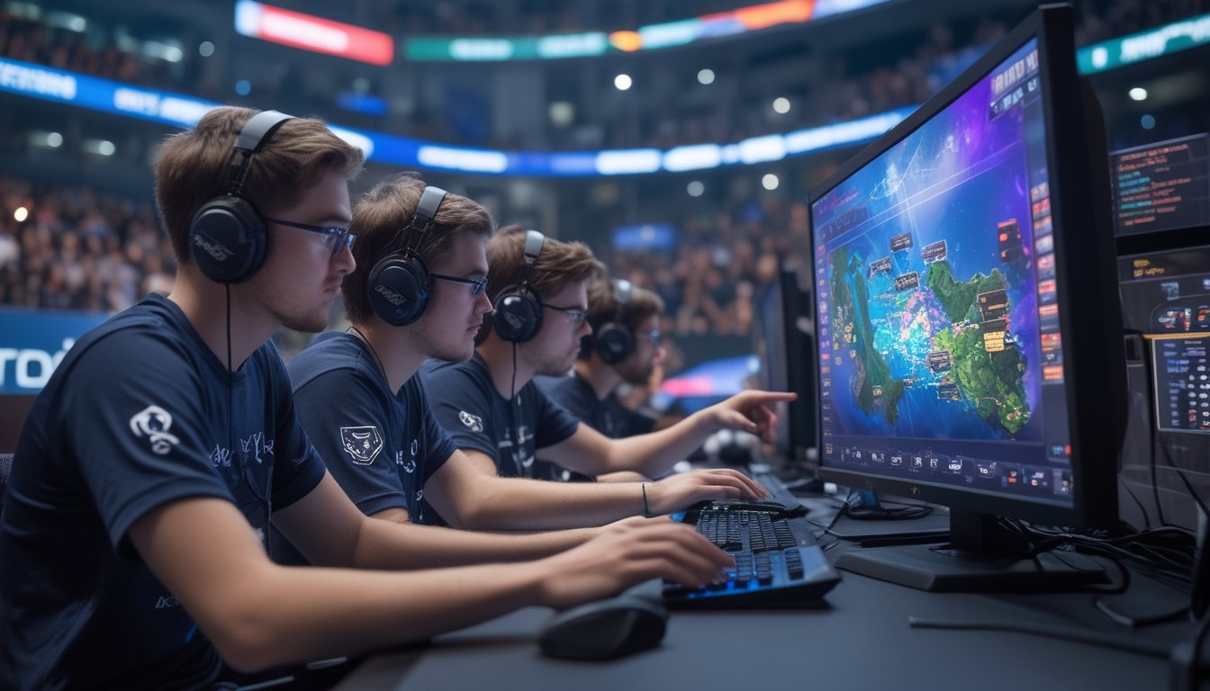 Lima pemain esports berdiskusi sambil menatap layar pertandingan di arena.