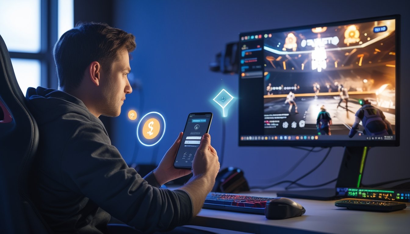 Seorang penggemar esports menggunakan ponsel di samping komputer gaming dengan suasana pertandingan di layar.