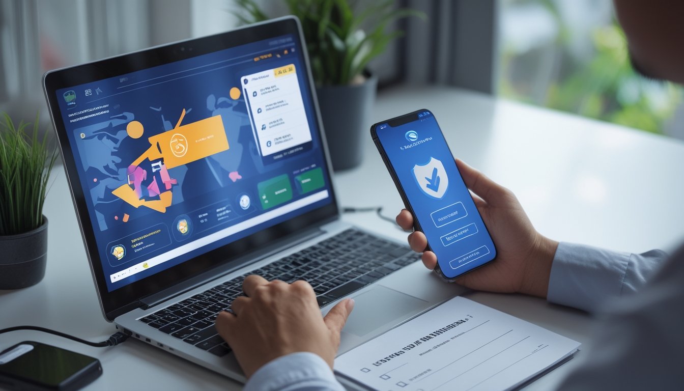 Seorang pengguna memeriksa platform esports di laptop sambil memegang ponsel di meja kerja.