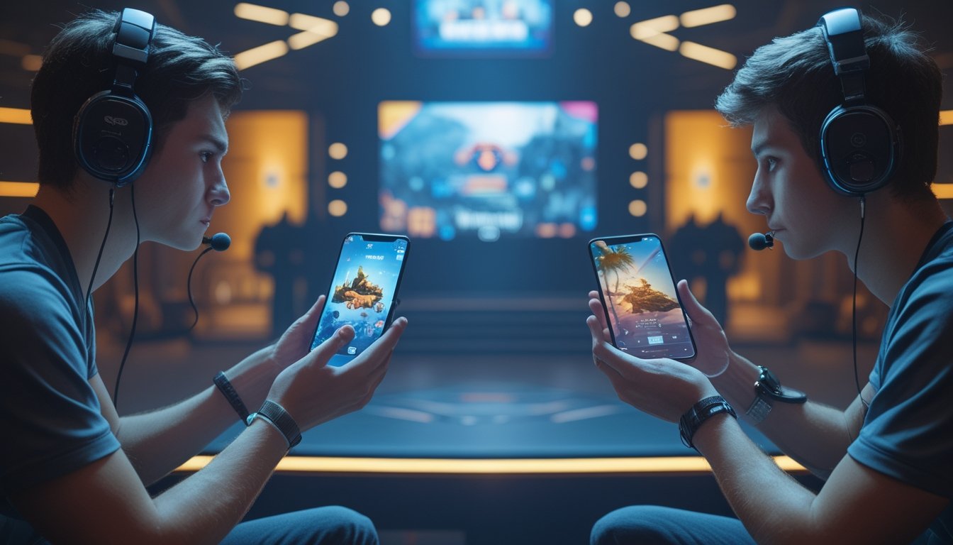 Dua pemain esports bermain gim battle royale di ponsel dalam suasana turnamen.