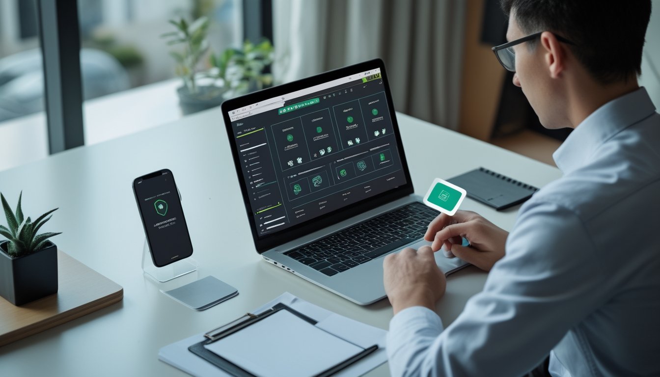 Seorang analis memeriksa keamanan platform esports melalui laptop dan ponsel di meja kerja.