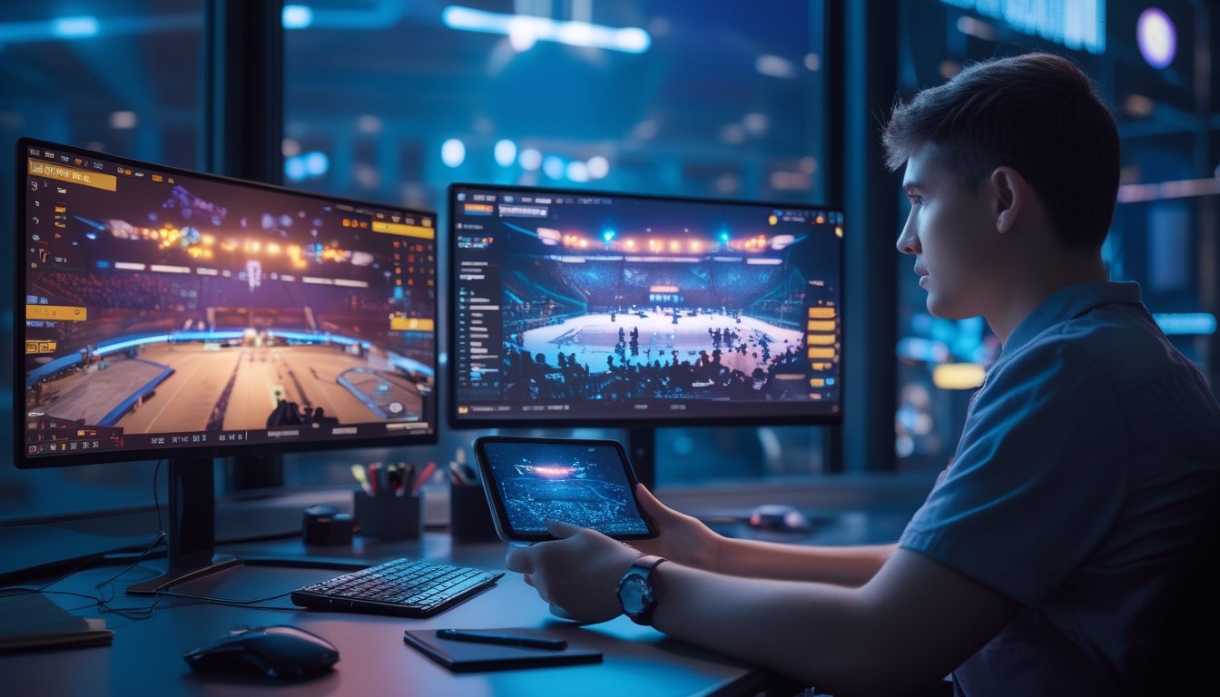 Seorang penggemar esports memperhatikan pertandingan di monitor sambil memegang ponsel di meja.
