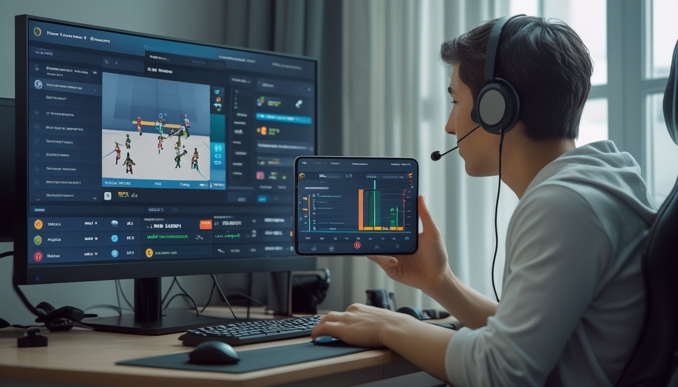 Seorang penonton esports memantau pertandingan di komputer dan informasi taruhan langsung di ponsel.