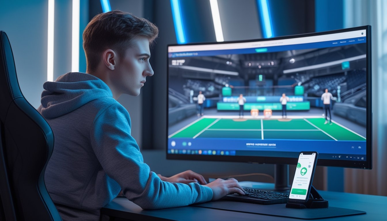Seorang pemain esports menonton pertandingan di monitor dengan ponsel di samping keyboard.