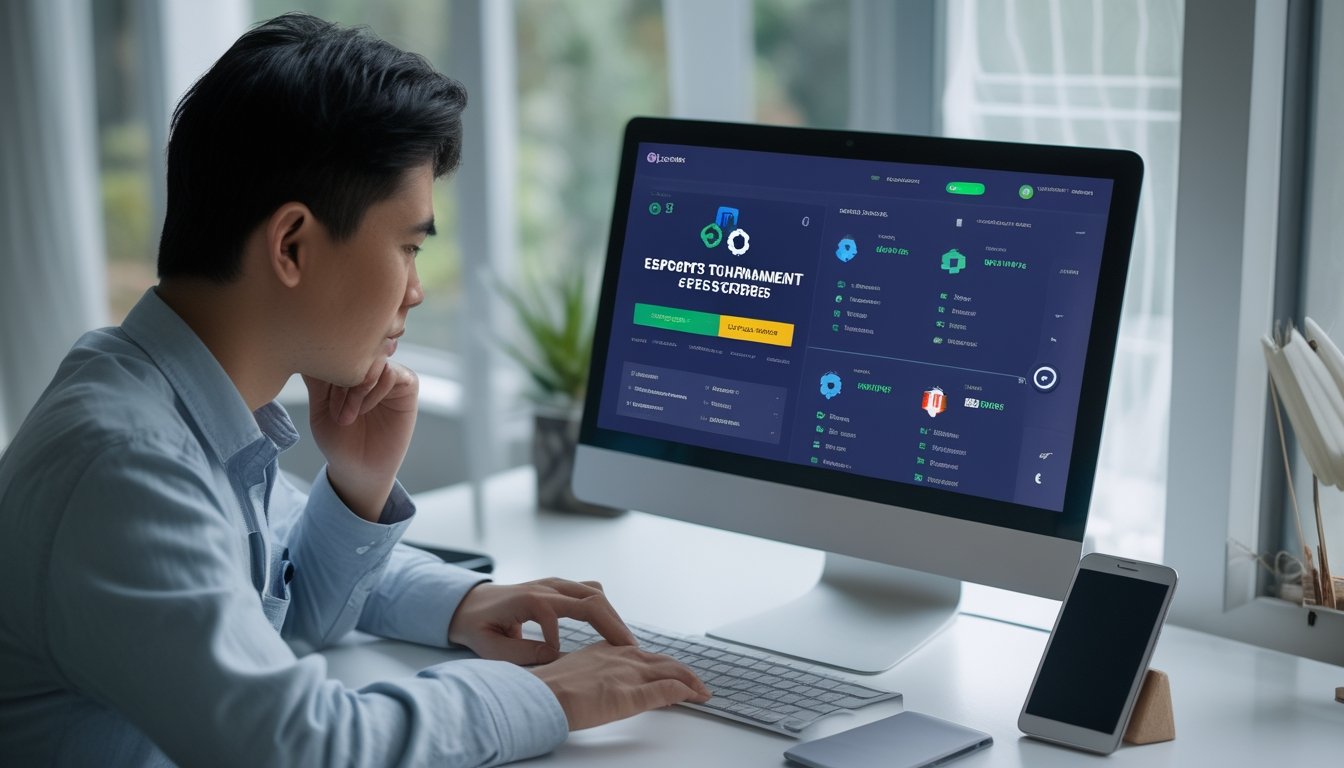 Seseorang meninjau pertandingan esports di laptop sambil memeriksa keamanan platform.