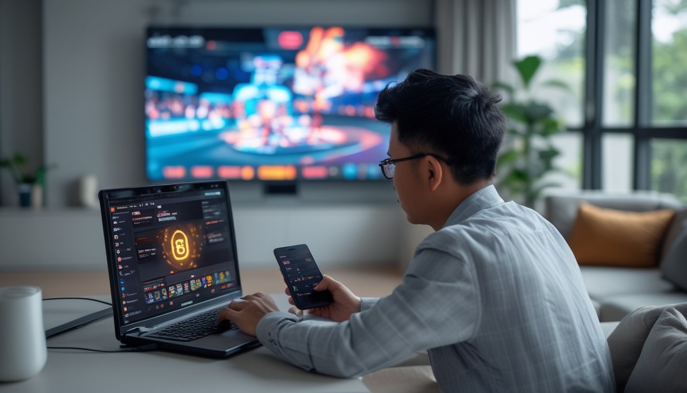 Seorang dewasa Indonesia meninjau laptop dan ponsel sambil menonton turnamen esports di layar.