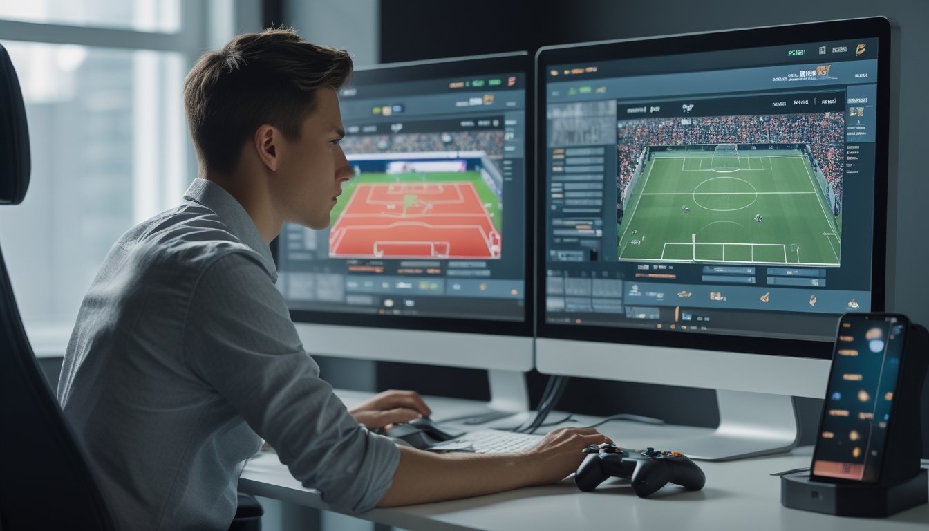 Seorang analis esports mengamati pertandingan sepak bola virtual di layar sambil memegang pengendali permainan.