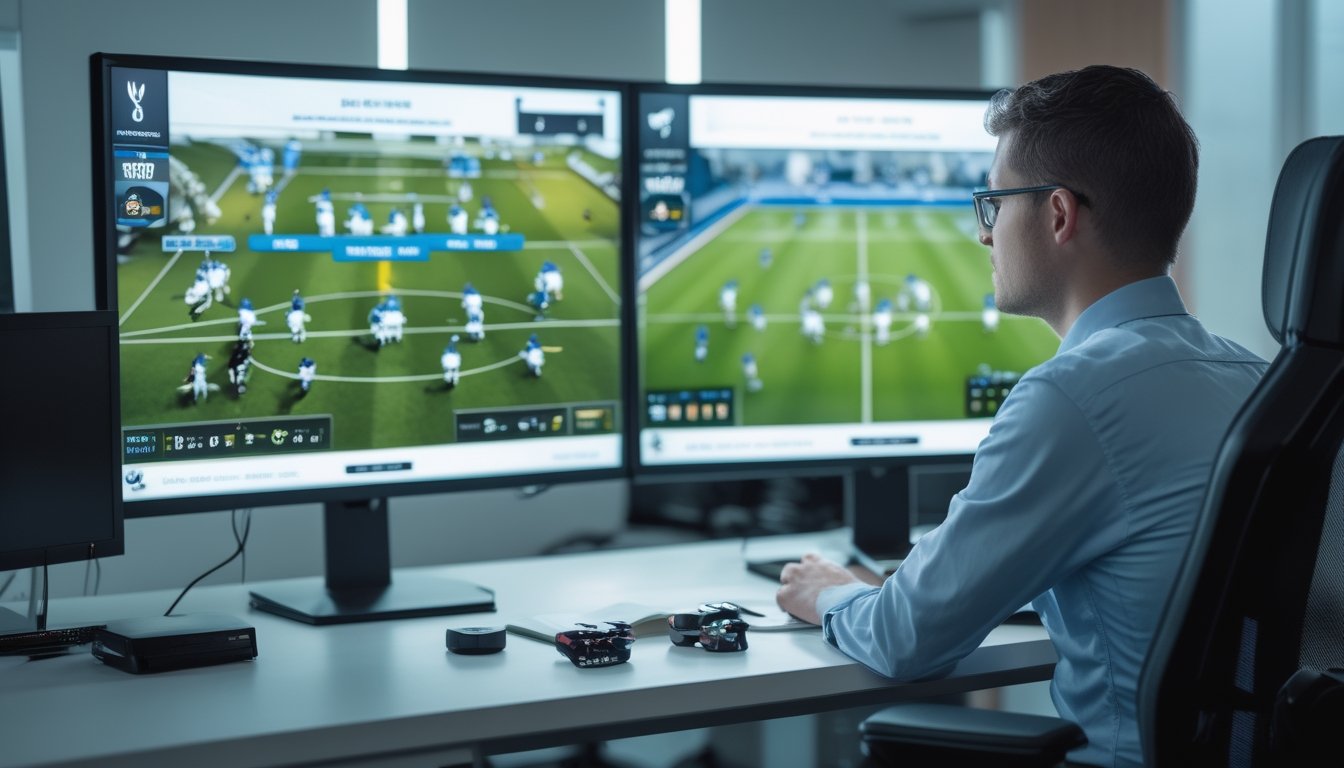 Seorang analis esports membandingkan formasi pertandingan sepak bola virtual di dua monitor.