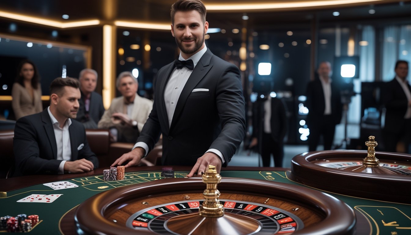 Seorang dealer berdiri di meja roulette sementara beberapa tamu menyaksikan permainan.