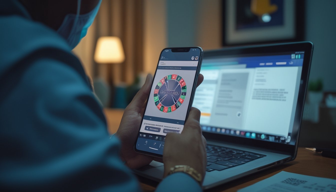 Seseorang melihat ponsel dengan tampilan permainan kasino daring di dekat laptop dan dokumen.
