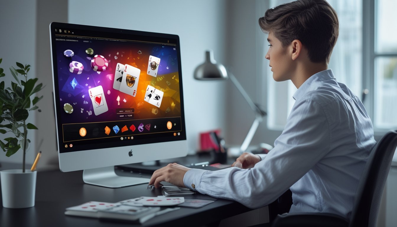Seorang pemula mempelajari permainan kasino daring di laptop dengan kartu dan dadu di meja.