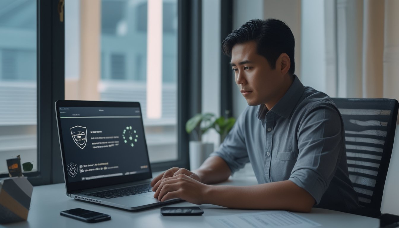 Seorang profesional memeriksa situs kasino daring di laptop dengan ponsel dan daftar periksa di meja.