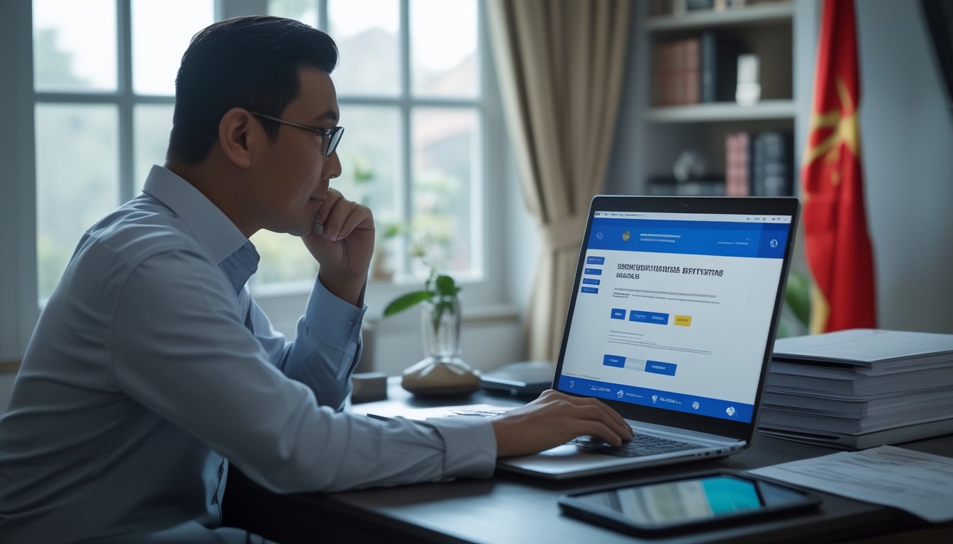Seorang dewasa Indonesia meninjau laptop dan dokumen di meja rumah.