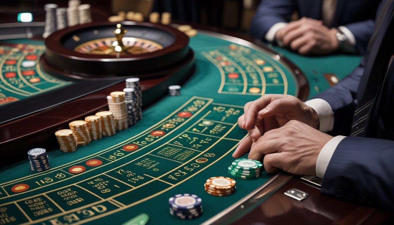 Tangan pemain mengamati kartu baccarat, chip, dan roda roulette di meja kasino.