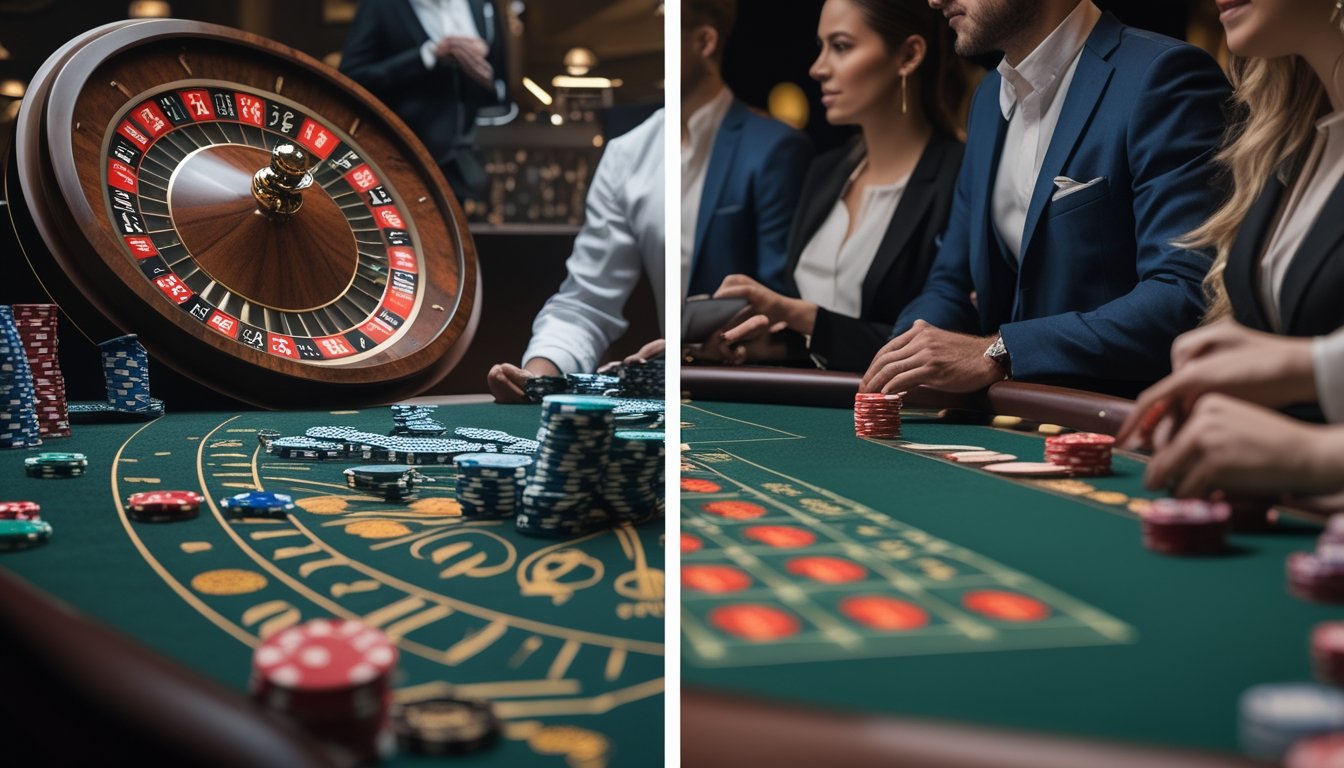Pemain dan dealer di meja baccarat dan roulette dengan kartu, roda, dan keping taruhan.