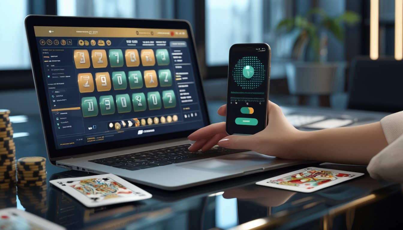 Laptop dan ponsel menampilkan antarmuka kasino dan pembayaran digital di atas meja, bersama kartu dan keping poker.