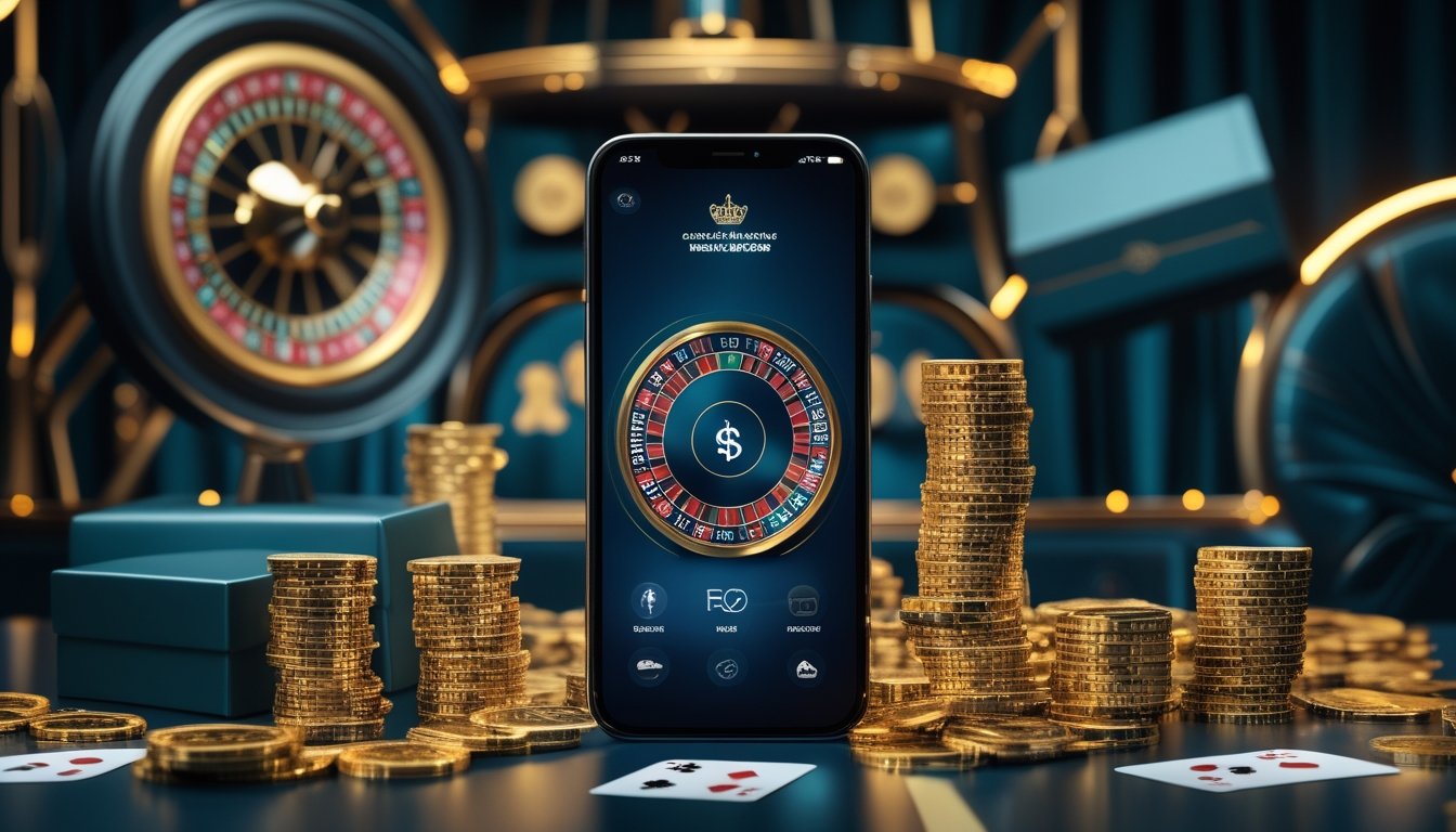 Ponsel dengan tampilan kasino digital abstrak dikelilingi chip, kartu, roda roulette, koin emas, dan kotak hadiah.