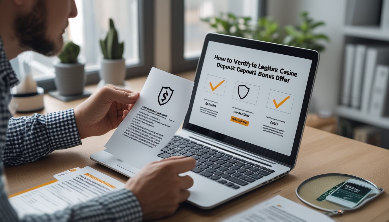 Seseorang memeriksa penawaran bonus di laptop dengan daftar periksa dan kaca pembesar.