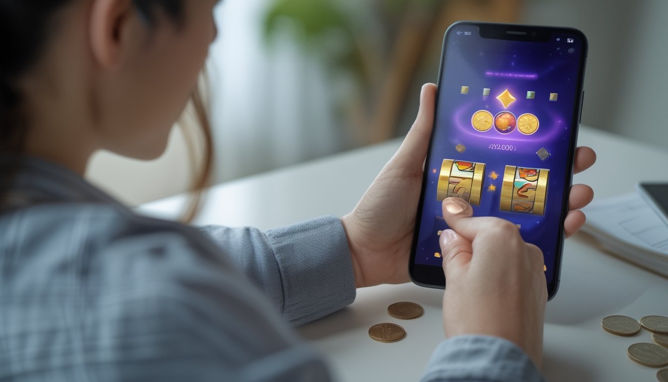 Seorang pemula memainkan permainan slot di ponsel dengan sejumlah kecil uang di meja.