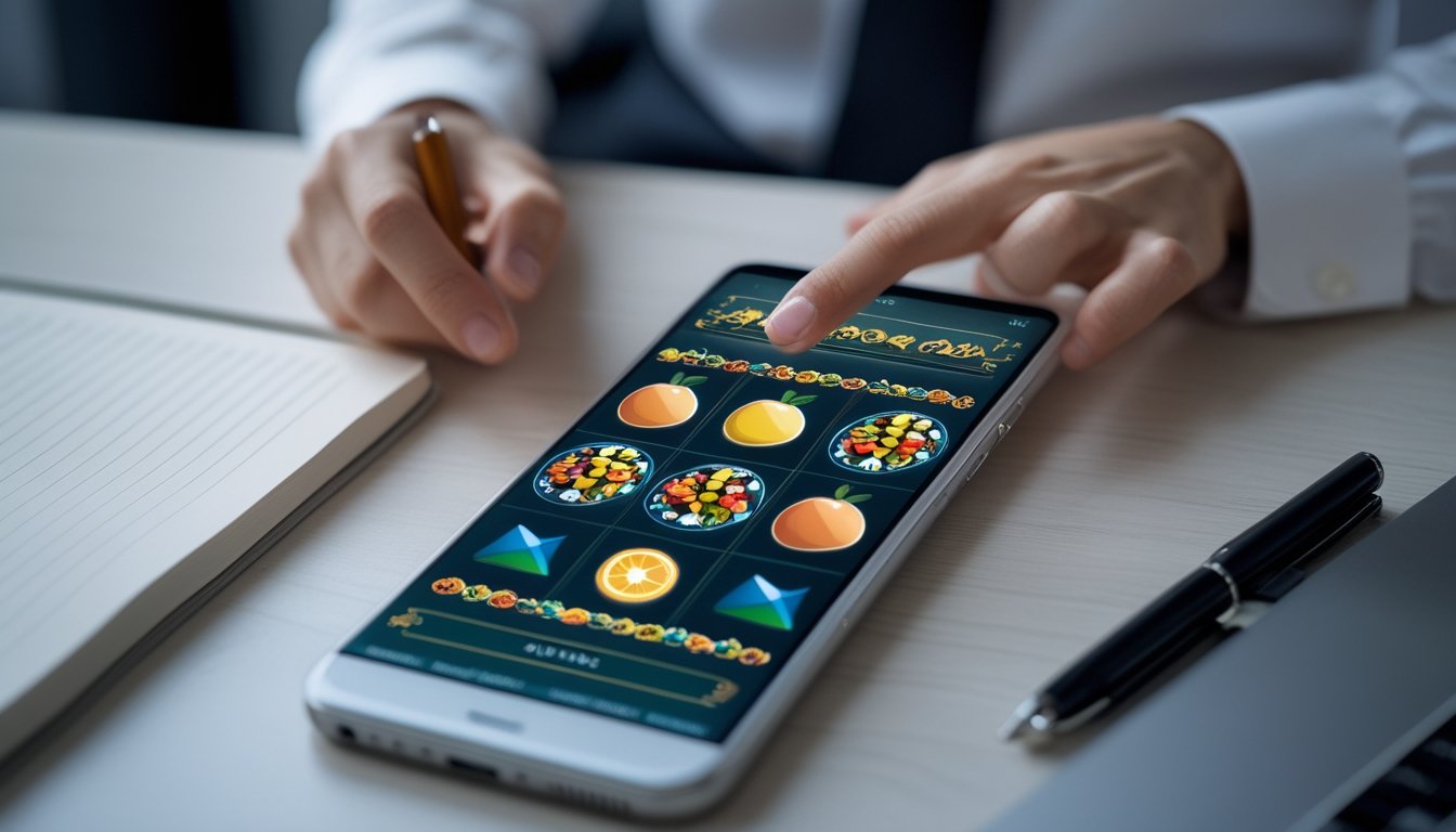 Seseorang melihat permainan slot di ponsel di atas meja.