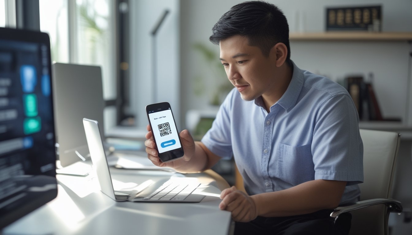 Seseorang menggunakan ponsel untuk mengisi formulir digital dan memindai kode QR di meja.