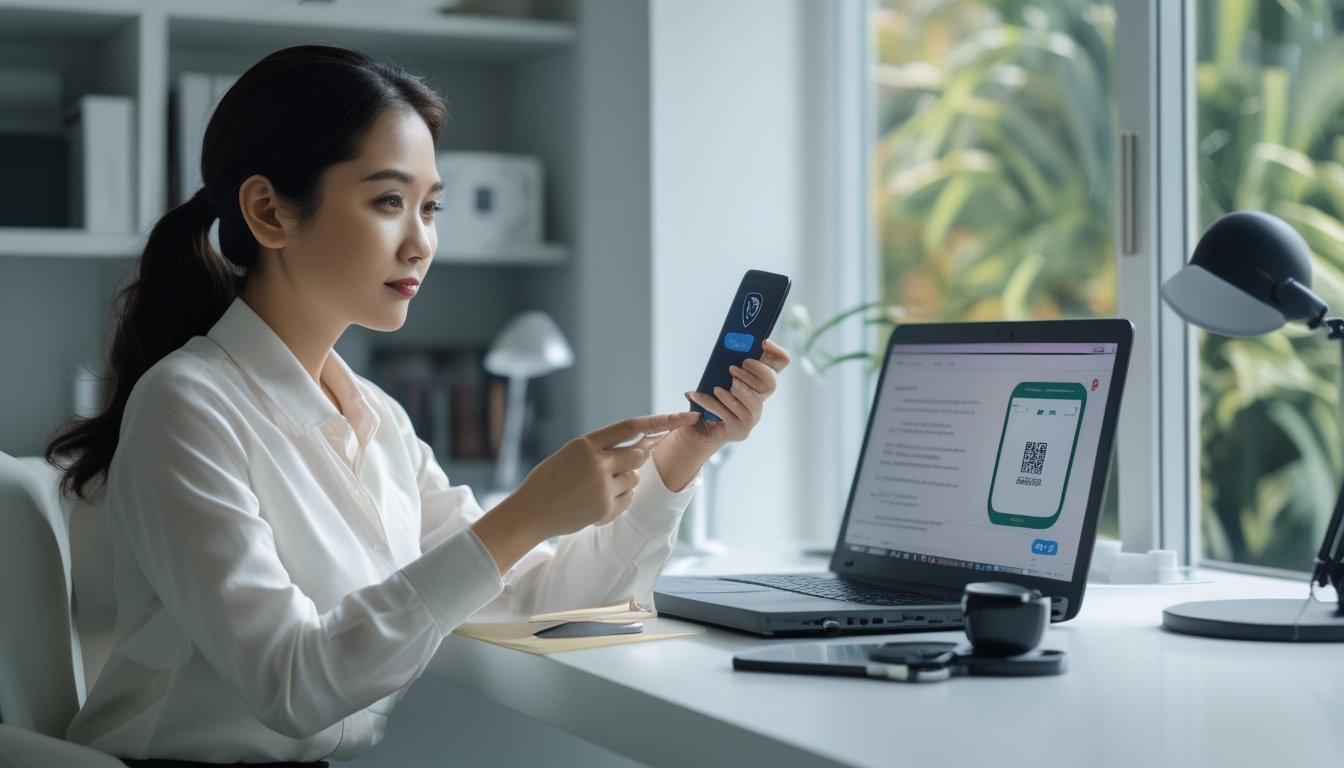 Seseorang memeriksa informasi akun di laptop sambil melihat ponsel di meja.