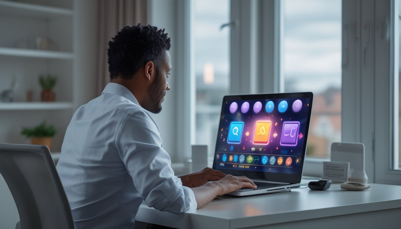 Seorang dewasa menggunakan laptop dengan tampilan permainan digital berwarna-warni di meja rumah.