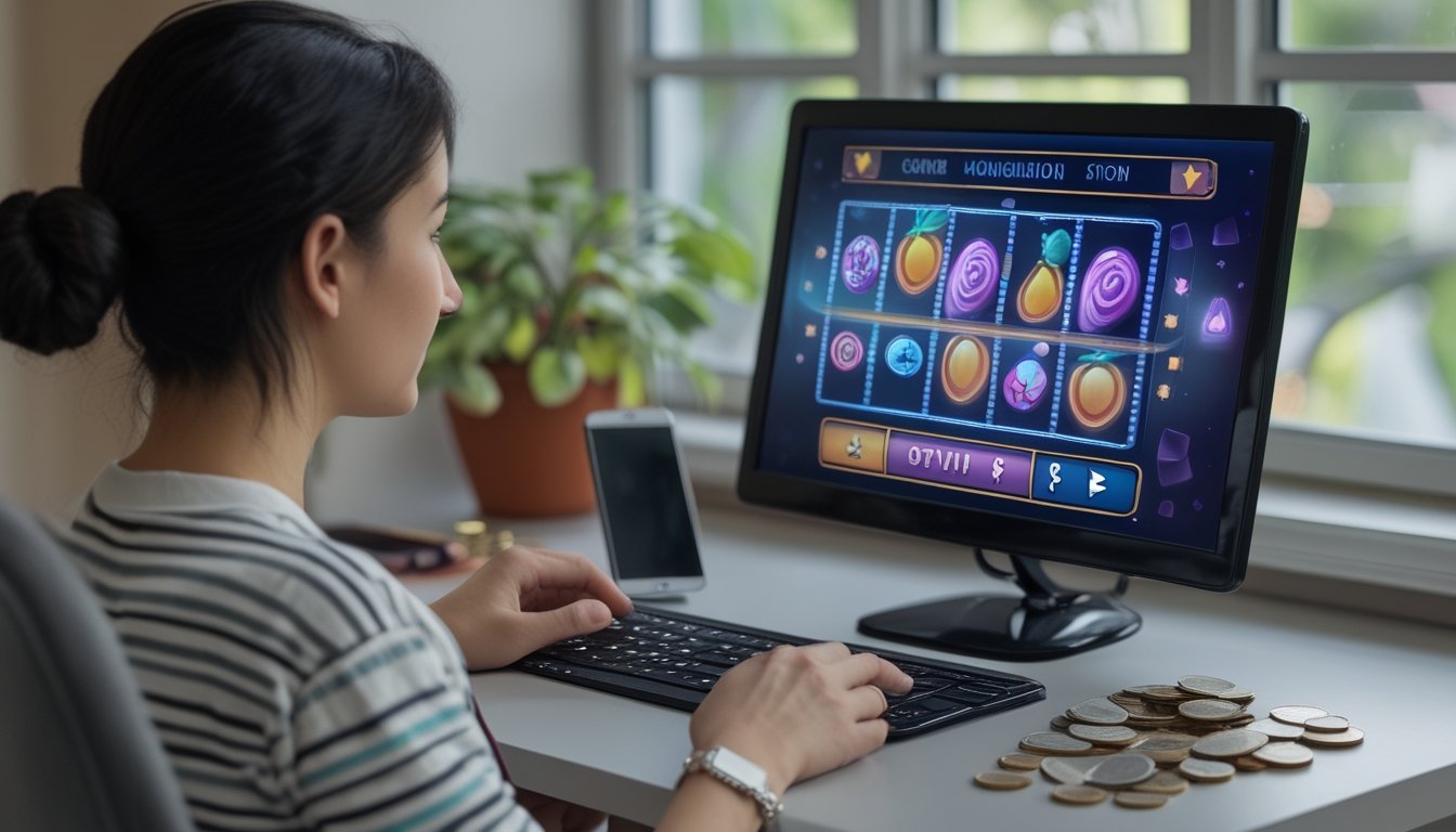 Seseorang dewasa melihat permainan slot daring di laptop di meja dengan ponsel dan beberapa koin.