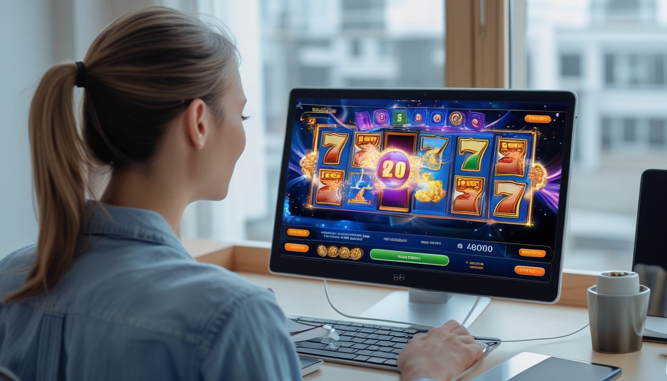 Seseorang memainkan permainan slot bergaya digital di laptop.