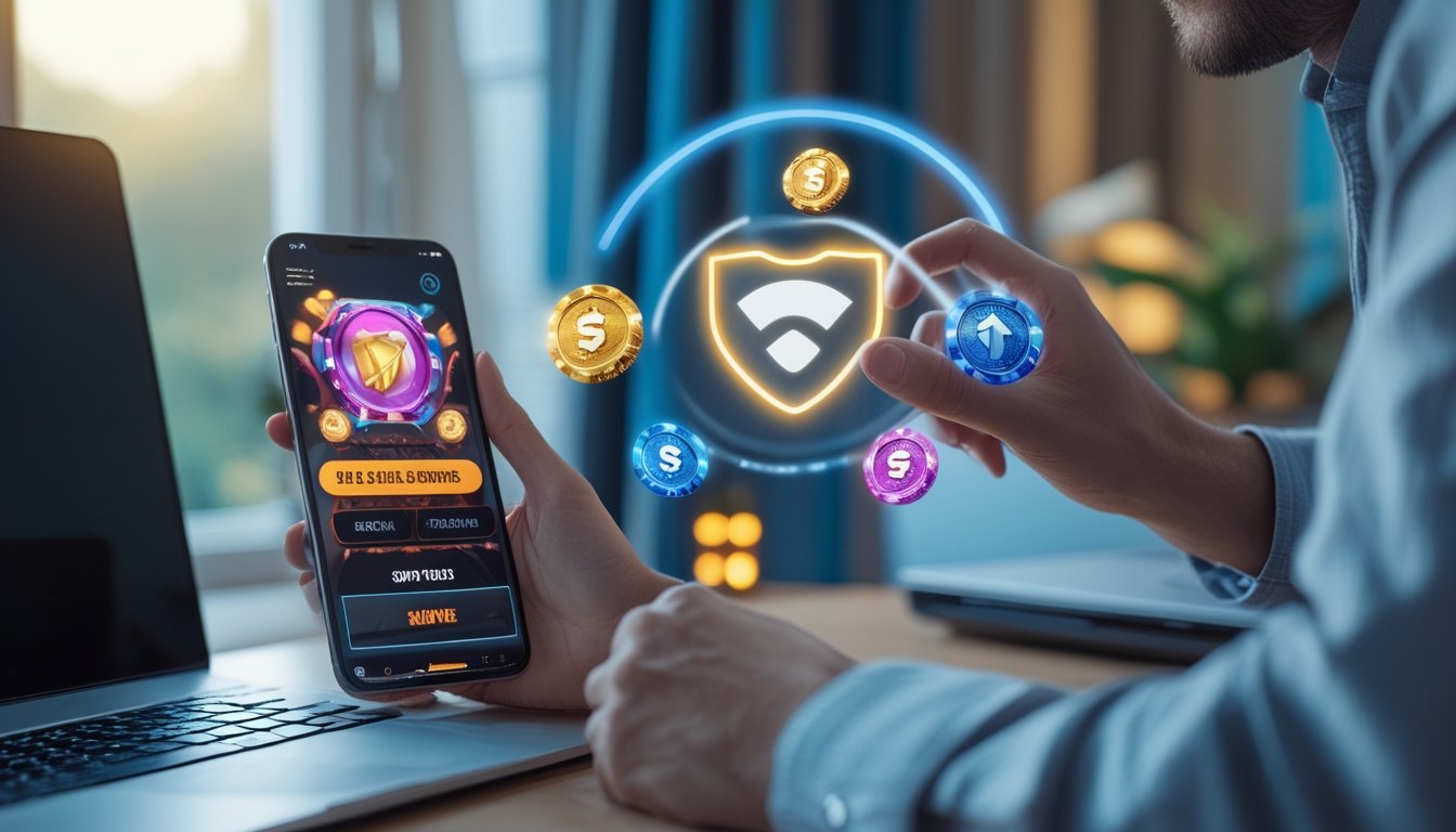 Seseorang menggunakan ponsel di meja dengan laptop dan router Wi-Fi.