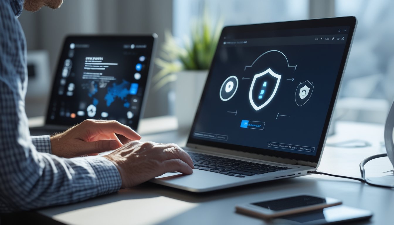 Seseorang memeriksa keamanan situs web di laptop.
