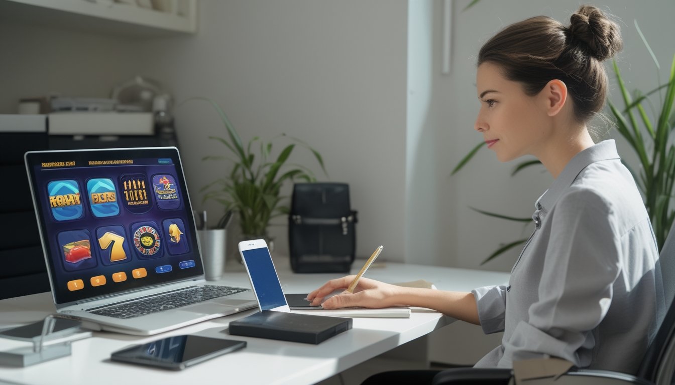 Seseorang memeriksa tampilan permainan kasino daring di laptop di meja kerja.