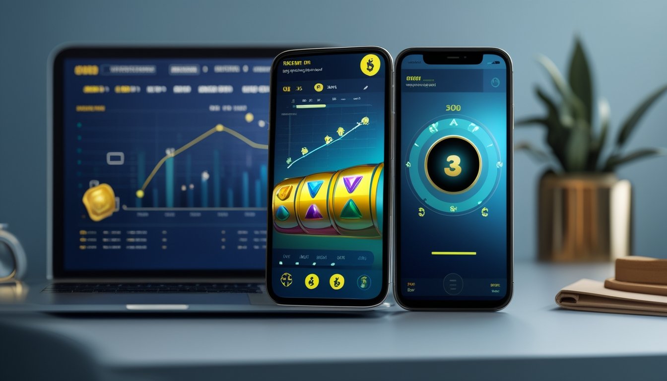 Ponsel menampilkan permainan slot dan grafik analisis di atas meja.