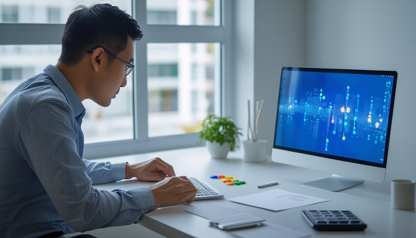 Seseorang mengamati token warna-warni di meja dengan laptop dan kalkulator.