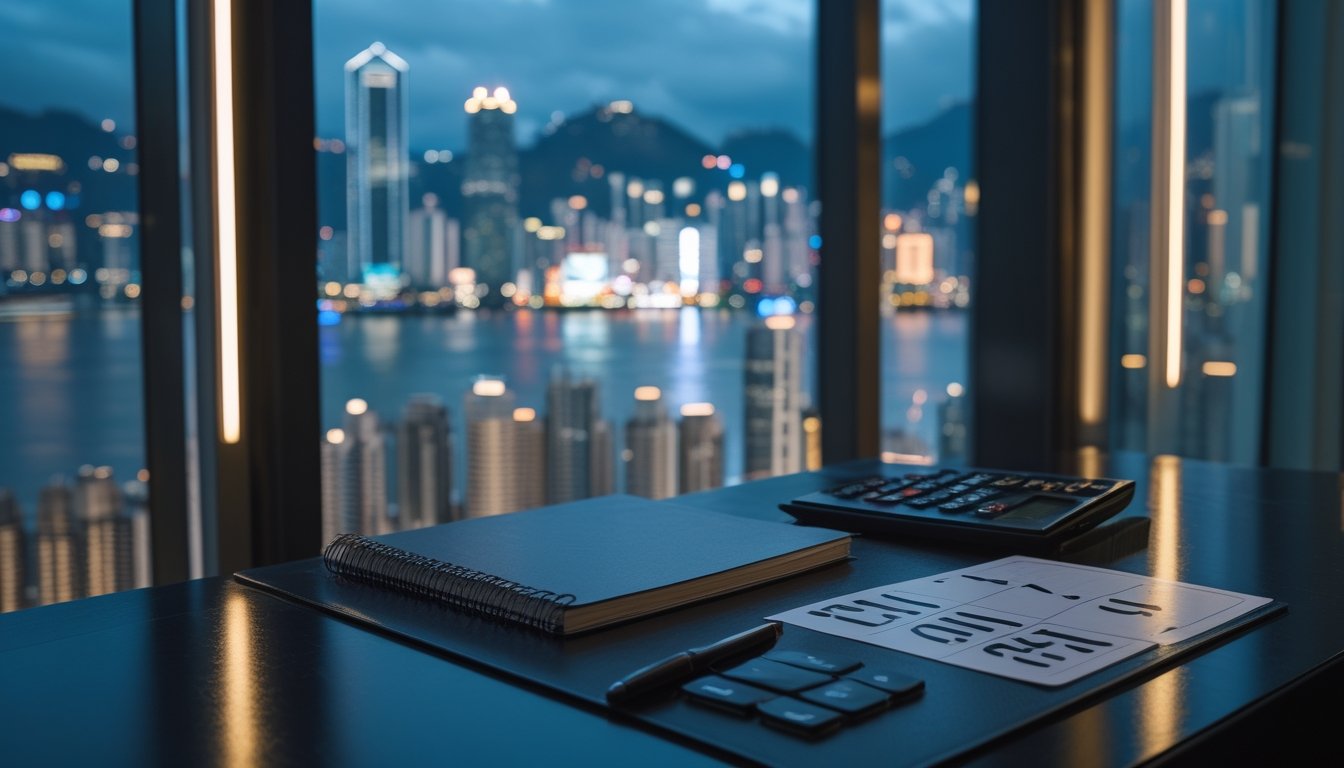 Meja dengan buku catatan, kalkulator, dan ubin kosong di depan pemandangan kota Hong Kong pada malam hari.