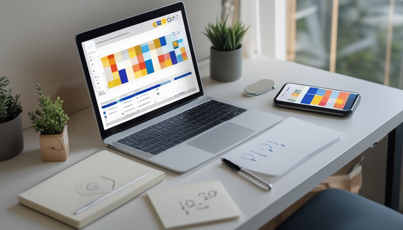 Laptop dan ponsel menampilkan kisi angka dan grafik di atas meja kerja.