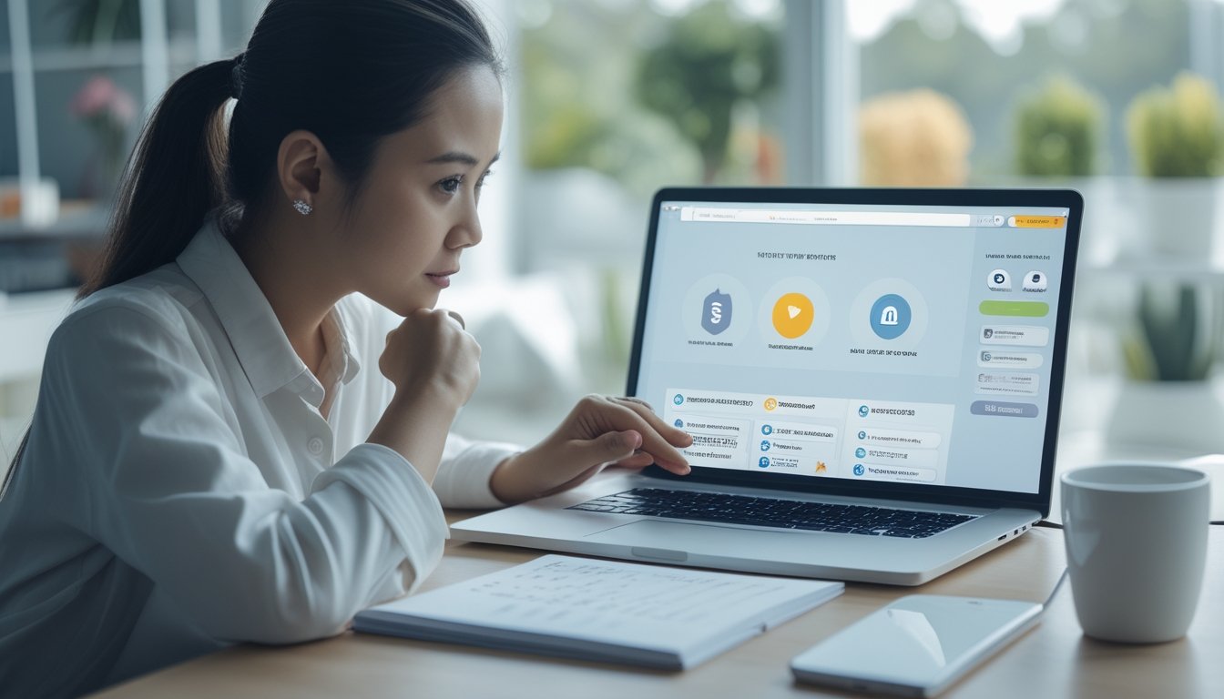 Seseorang memeriksa situs di laptop dengan ponsel dan catatan di meja.