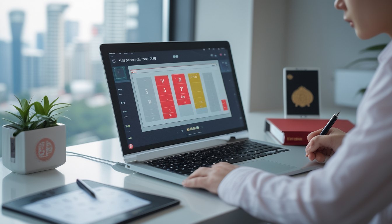 Seseorang mempelajari informasi prediksi angka di meja kerja dengan laptop dan buku catatan.