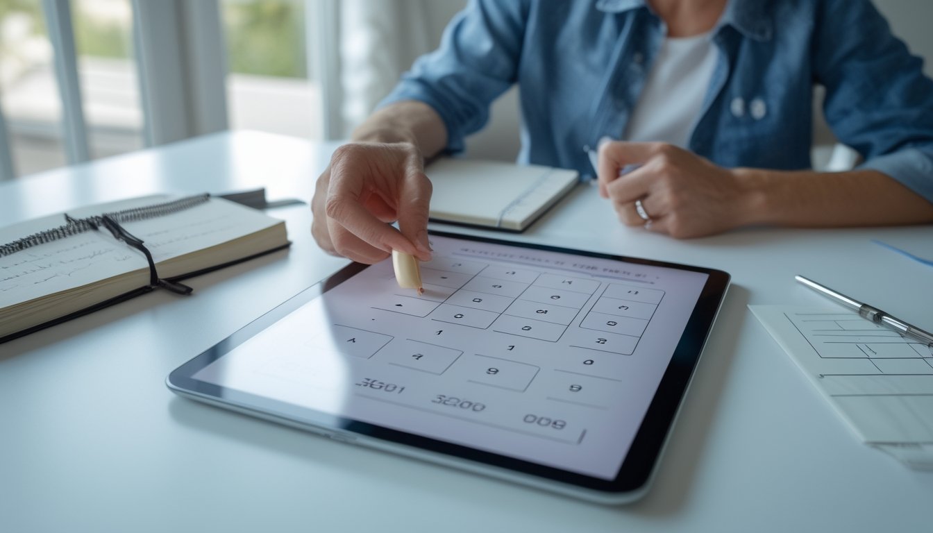 Seorang dewasa mengamati angka dan grafik sederhana di tablet di meja kerja.