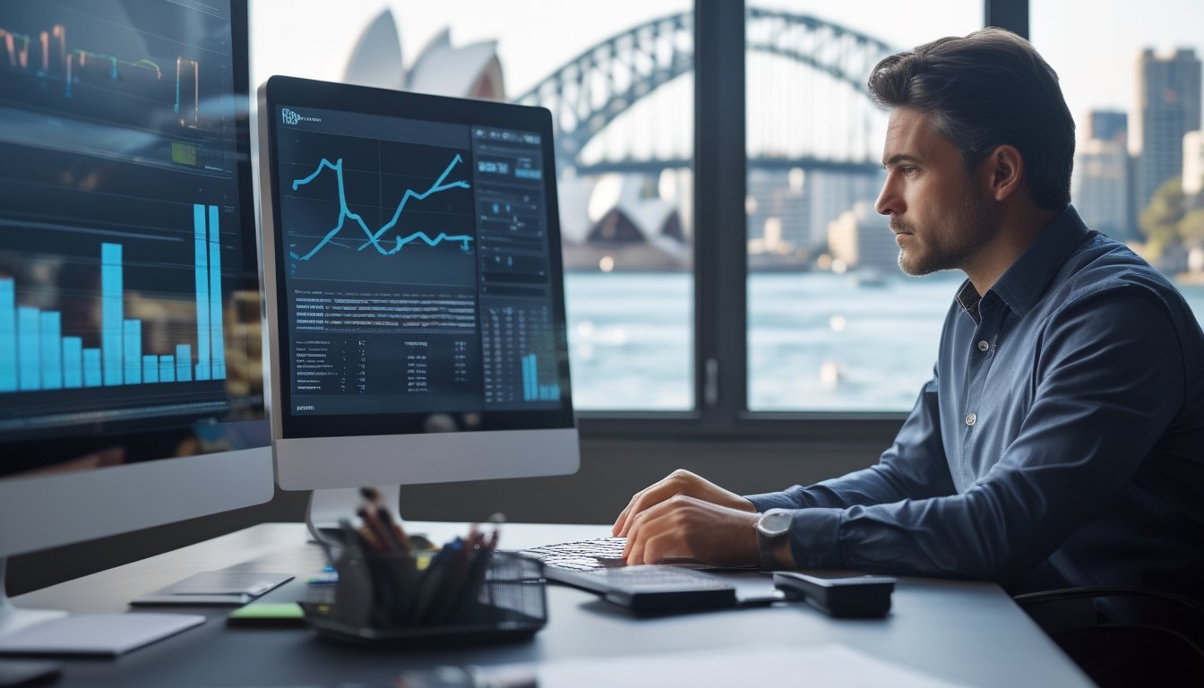 Seorang analis meninjau grafik data di meja kerja dengan pemandangan kota Sydney dari jendela.
