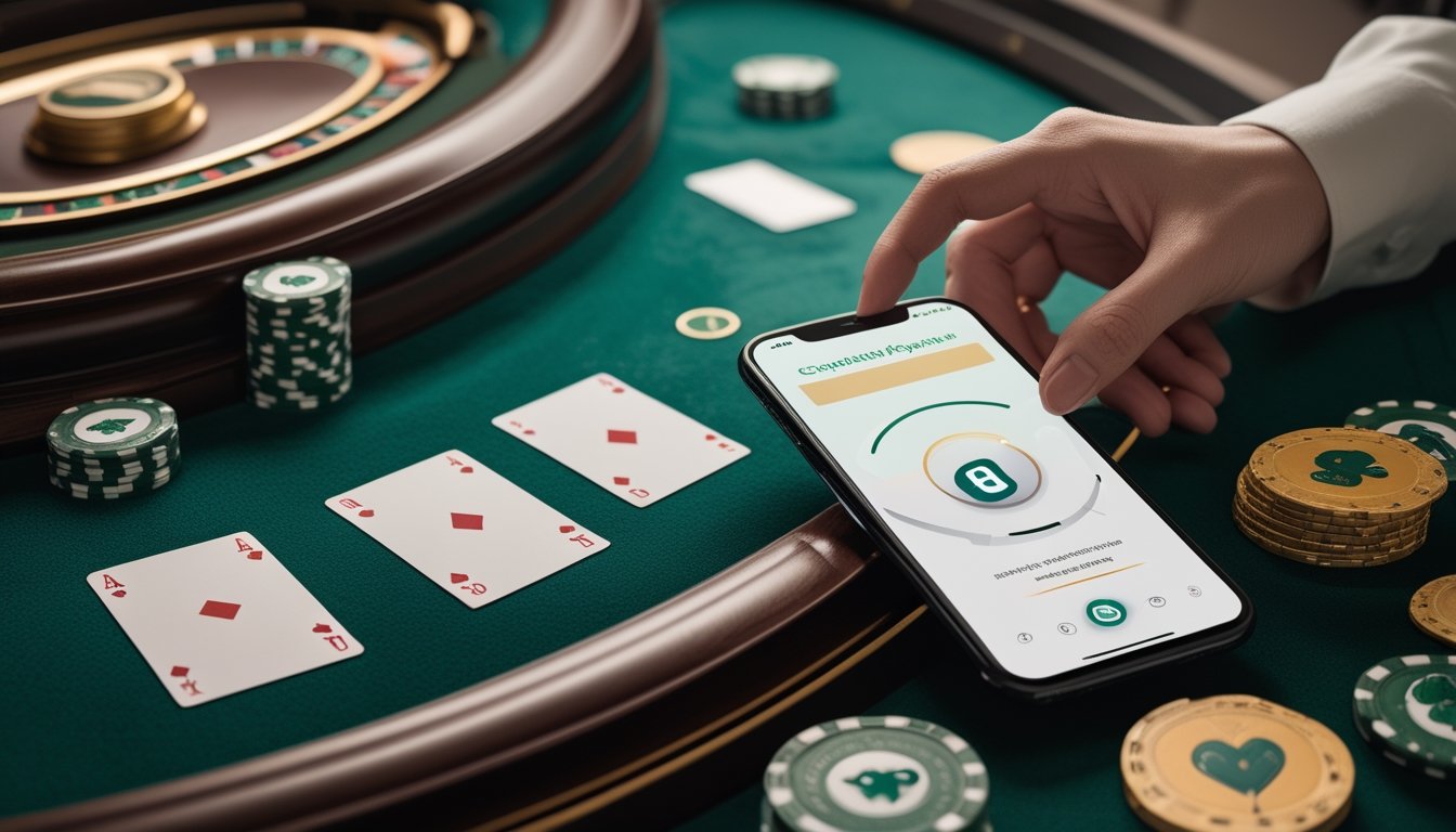 Ponsel dengan dompet digital berada di samping kartu dan keping di meja baccarat.